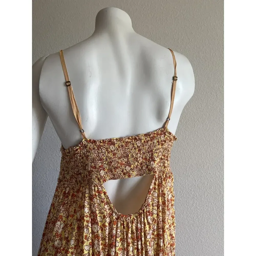 Free People Molly Jo Floral Maxi Dress Womens XL Smocked Open Back Boho